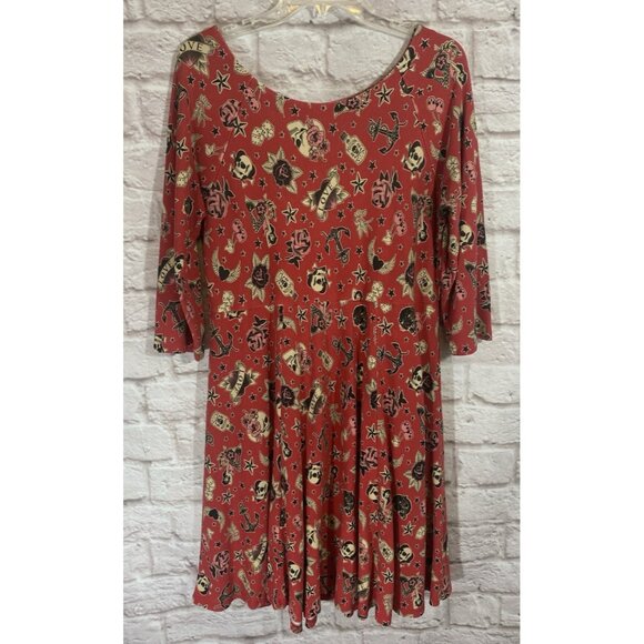 Torrid Tattoo Dress Fit Flare Knit Rockabilly Pinup Skull Red Stretch Womens 2X - Picture 1 of 11